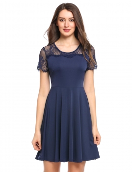 

Blue Lace Patchwork Hollow Out Pleated Hem Elastic Tunic Dress, Multicolor
