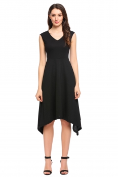 

Black Sleeveless Solid A-Line Asymmetrical Hem Dress, Multicolor