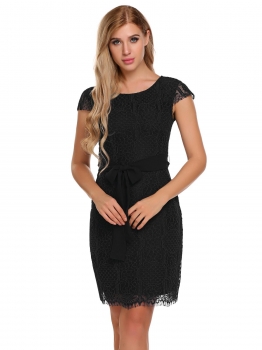 

Black O-Neck Short Sleeve Lace Bodycon Slim Pencil Dress, Multicolor