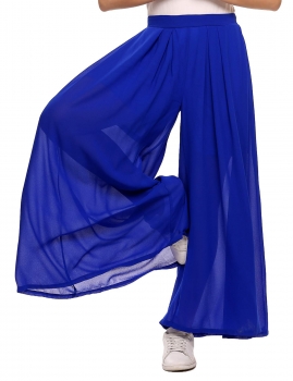 

Blue Elastic Waist Solid Wide Leg Loose Pleated Chiffon Pants, Multicolor