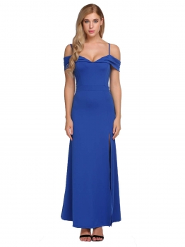 

Blue Women Spaghetti Strap Solid Slit Bodycon Slim Pencil Wedding Party Dress, Multicolor