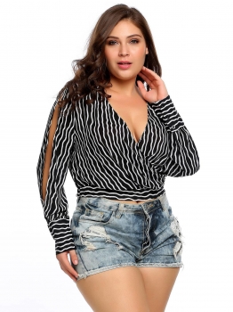

Black Striped Slit Cuff Sleeve Wrap Chiffon Blouse, Multicolor