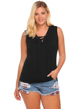 

Black Solid Plus Size Lace-Up V-Neck Sleeveless Loose Tank Tops, Multicolor