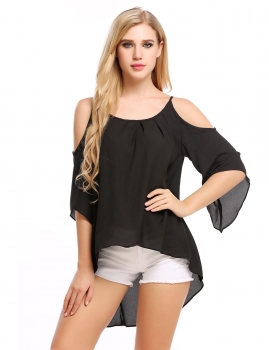 

Black Cold Shoulder 3"4 Sleeve Long Low Hem Chiffon Blouse, Multicolor