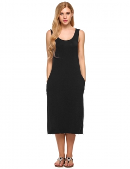 

Black Sleeveless Scoop Neck Side Pockets Tank Dress, Multicolor