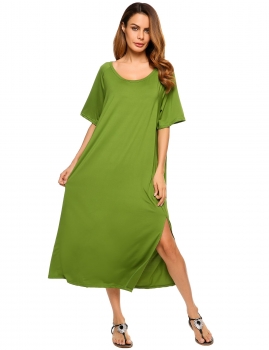 

Army green Short Sleeve Solid Loose Split Hem Tee Dress, Multicolor