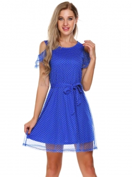 

Blue Patchwork Solid Cold Shoulder Dress with Belt, Multicolor