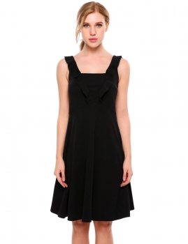 

Black Square Collar Sleeveless Ruffled Trim Swing Dress, Multicolor