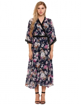 

Navy blue Loose V Neck Floral Maxi Chiffon Dress Beach Cover-up, Multicolor