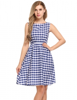 

Blue Vintage Style Round Neck Sleeveless Check Swing Dress, Multicolor