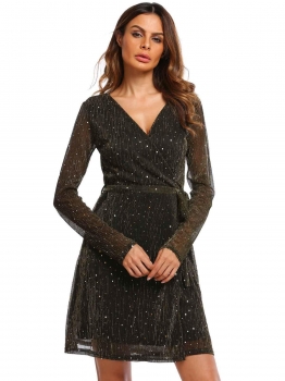 

Gold Long Sleeve Belted Sequin Glitter Short Dress, Multicolor