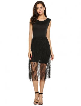 

Black Two Pieces Sleeveless Solid Pencil Dress and Sheer Lace Skirt Set, Multicolor