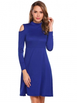 

Blue Cold Shoulder Long Sleeve Solid Short Dress, Multicolor