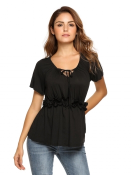 

Black Drawstring Elastic Waist Ruffles Short Sleeve Casual Tops, Multicolor