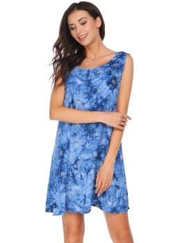 

Blue Round Neck Sleeveless Print Tank Dress, Multicolor