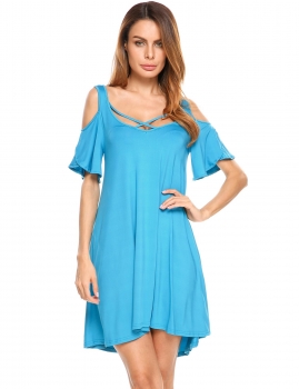 

Lake blue Cold Shoulder Scoop Ruched Solid Mini Dress, Multicolor