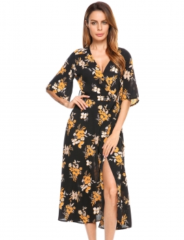 

Black V-Neck Floral Chiffon Split Belted Kimono Dress, Multicolor