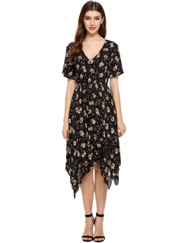 

Black Short Sleeve Floral V Neck Asymmetrical Dress, Multicolor