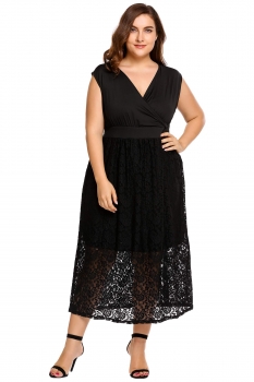 

Black Surplice Neck Lace Patchwork Belted Dress Plus Size, Multicolor