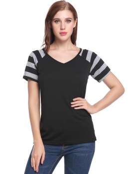 

Black V-Neck Short Sleeve Striped Patchwork Pullover Elastic T-Shirt, Multicolor