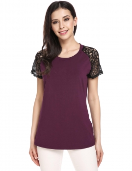 

Wine red Short Lace Sleeve Patchwork Elastic Pullover O-Neck T-Shirt, Multicolor
