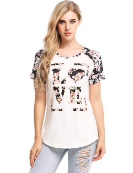 

White Printed Patchwork Elastic Circular Arc Hem Short Sleeve T-Shirt, Multicolor