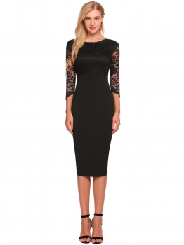 

Black Lace Patchwork 3"4 Sleeve Slim Dress, Multicolor