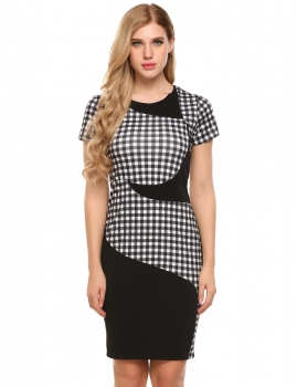 

Black Checks Patchwork Back Zipper Pencil Dress, Multicolor