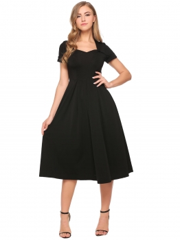 

Black Vintage Style Sweetheart Neck Short Sleeve Solid Pleated Dress, Multicolor