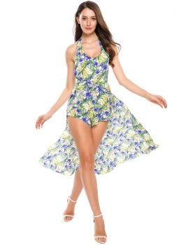 

Blue green Halter Backless Print Split Sleeveless Overlay Rompers, Multicolor