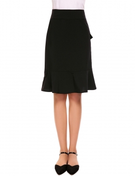 

Black Solid Flounce Hem Knee Length Casual Skirt, Multicolor