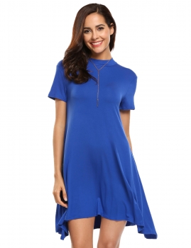 

Blue Short Sleeve Solid Mock Neck Swing Dress, Multicolor