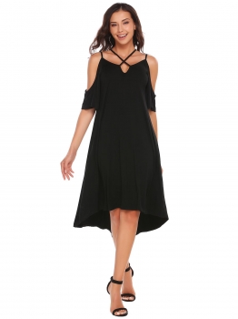 

Black Half Sleeve Cold Shoulder Asymmetric Dress, Multicolor