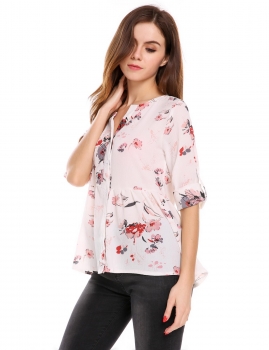 

White and Red V-Neck Roll Up Cuffed Sleeve Floral Print Blouse, Multicolor