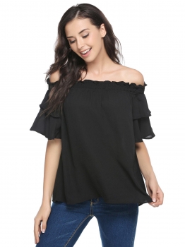 

Black Solid Ruffle Off the Shoulder Loose Chiffon Blouse, Multicolor