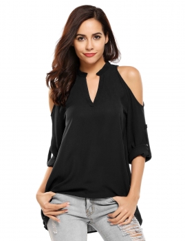 

Black V-Neck Cold Shoulder Long Sleeve Solid Tops, Multicolor