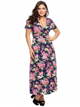

Blue Plus Size V-Neck Short Sleeve Ruched Waist Floral Dress, Multicolor
