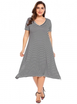 

Black Plus Sizes V-Neck Short Sleeve Striped A-Line Midi Shirt Dress, Multicolor
