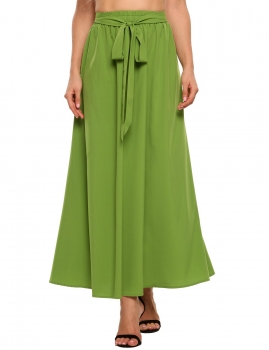 

Army green High Elastic Waist Solid Maxi Pleated Skirt with Belt, Multicolor