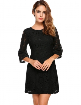 

Black 3"4 Flare Sleeve Cocktail Party Floral Lace A-Line Dress, Multicolor