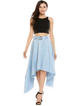 

Blue Asymmetrical Split Hem Solid High Waist Skirt with Belt, Multicolor