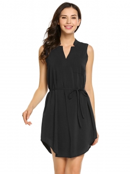 

Black Sleeveless Solid Belted Chiffon A-Line Dress, Multicolor