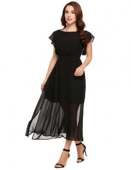 

Black Ruffle Sleeve Slit Hem Solid Chiffon Maxi Dress, Multicolor