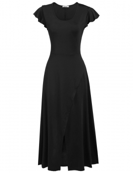 

Black Cap Sleeve Solid O Neck Empire Stretchy Maxi Dress, Multicolor