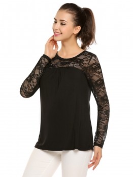 

Black Lace Patchwork O-Neck Long Sleeve Casual Tops, Multicolor