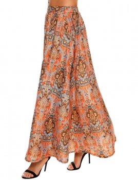

Orange Casual Elastic Waist Printed Pleated Hem Maxi Skirt, Multicolor