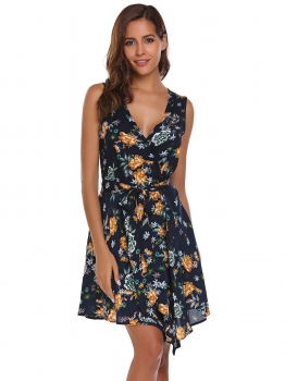 

Blue Sleeveless Floral A-Line Dress with Belt, Multicolor