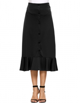

Black Solid Ruffle Hem Button Back Zipper A-Line Skirt, Multicolor