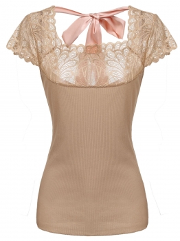 

Khaki Square Neck Back Bow-tie Cap Sleeve Lace Patchwork Tops, Multicolor