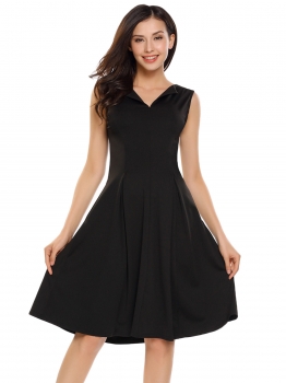 

Black V-Neck Sleeveless Solid A-Line Pleated Dress, Multicolor